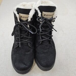 Merence Womens Ankle Boots Black Faux Fur Lined Lace Up Lug‎ Sole EU 40 / 9.5